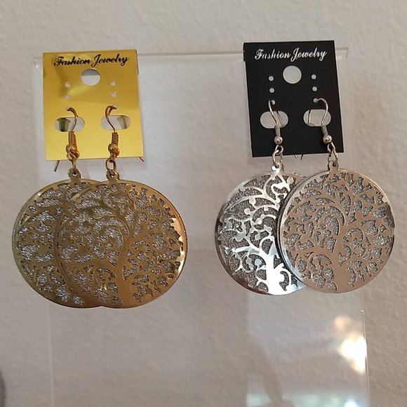 Silver & Goldtone Round Tree of Life Hook Earrings - Picture 1 of 5